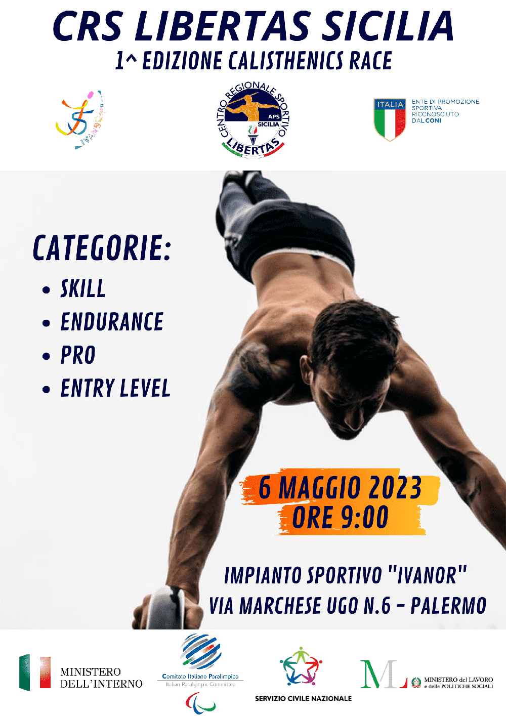 Palermo, il 6 maggio presso l’impianto sportivo “Ivanor” in programma la 1a edizione del “Calisthenics Race”